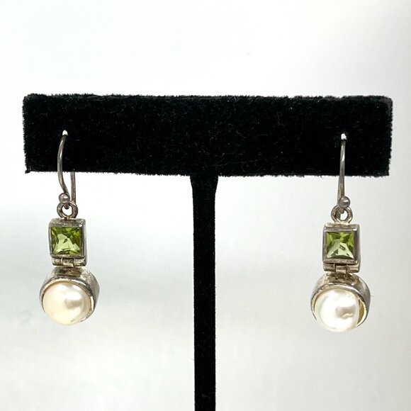 VINTAGE STERLING 925 PEARL GREEN STONES EARRINGS SIGNED NF THAILAND MODERNIST - Picture 4 of 12